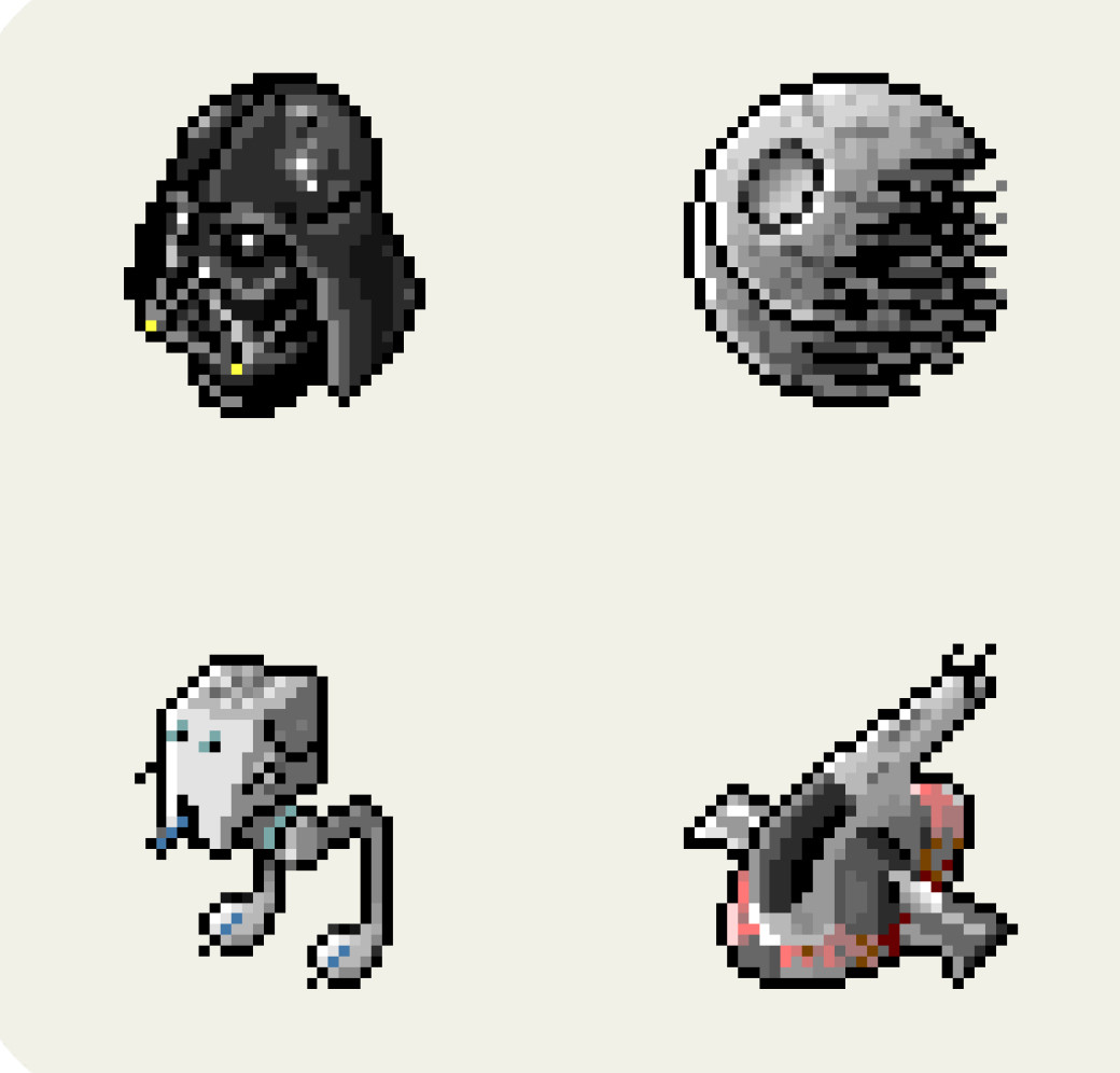 Pixel clicked Star Wars icons of Darth Vader, the death star Slave one and an AT-ST