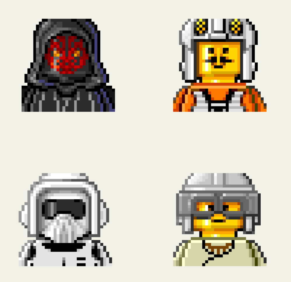 Pixel clicked Star Wars icons of Lego mini figs, including Darth Maul, a Scout trooper, Anakin Skywalker, and Wedge Antilles