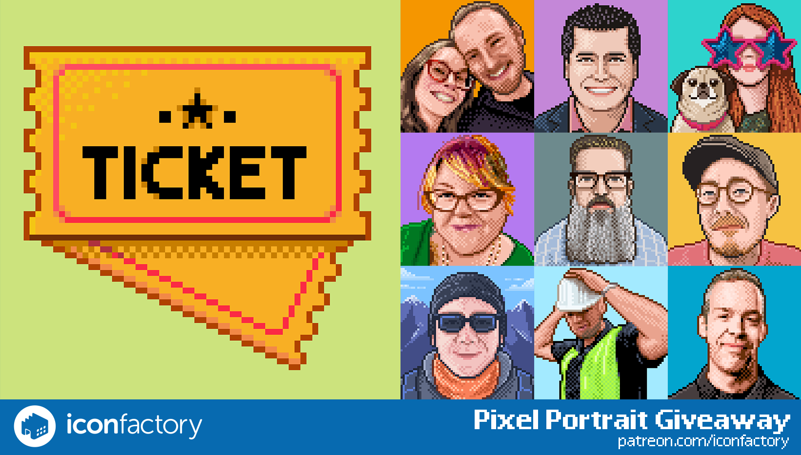 Promotional graphic of a grid of retro style pixel portraits on the right side and a pixel ticket on the left. The text at the bottom reads Iconfactory pixel portrait giveaway patreon.com/iconfactory