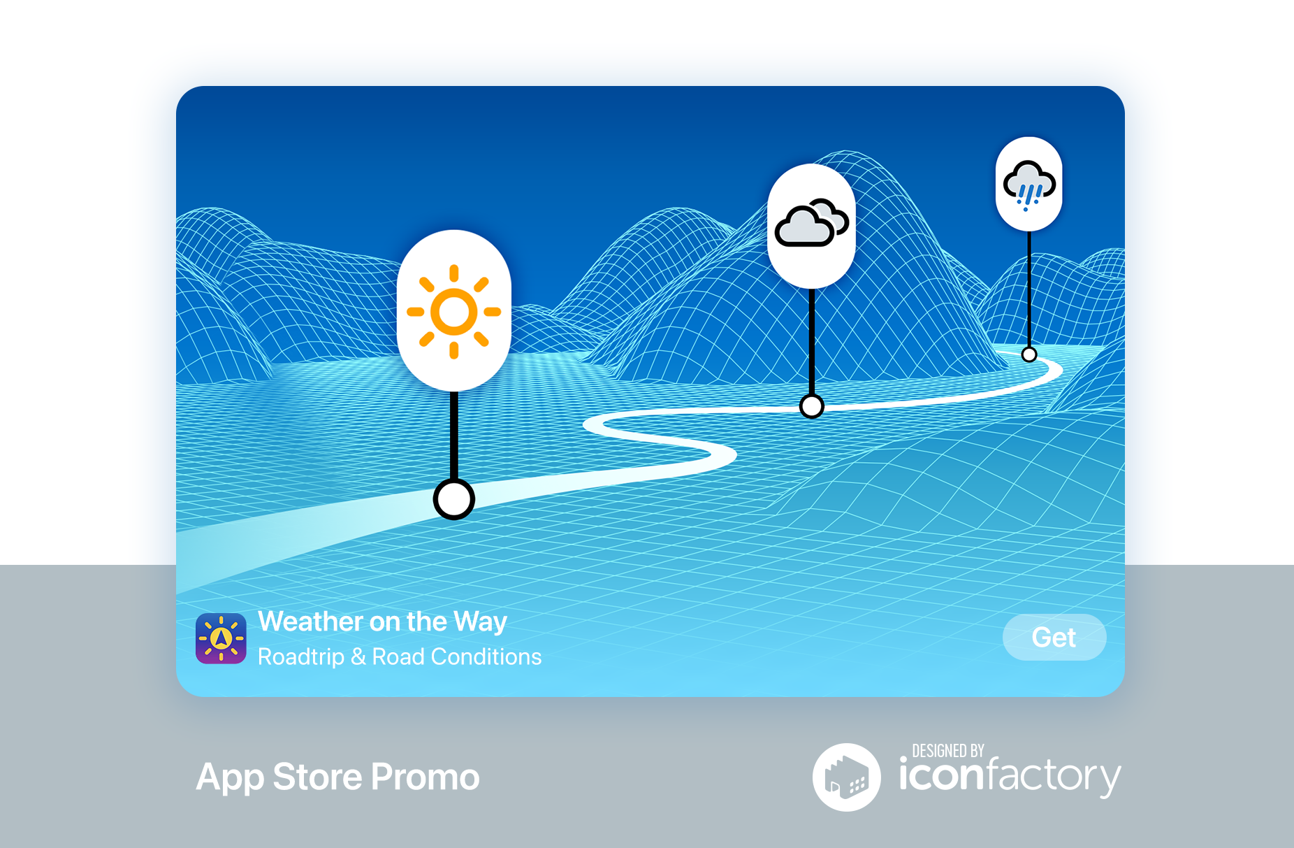A digital grid covers a mountainous landscape with a long, winding road. Weather markers indicate conditions along the route. Text reads "Weather on the Way" "Roadtrip & Road Conditions"