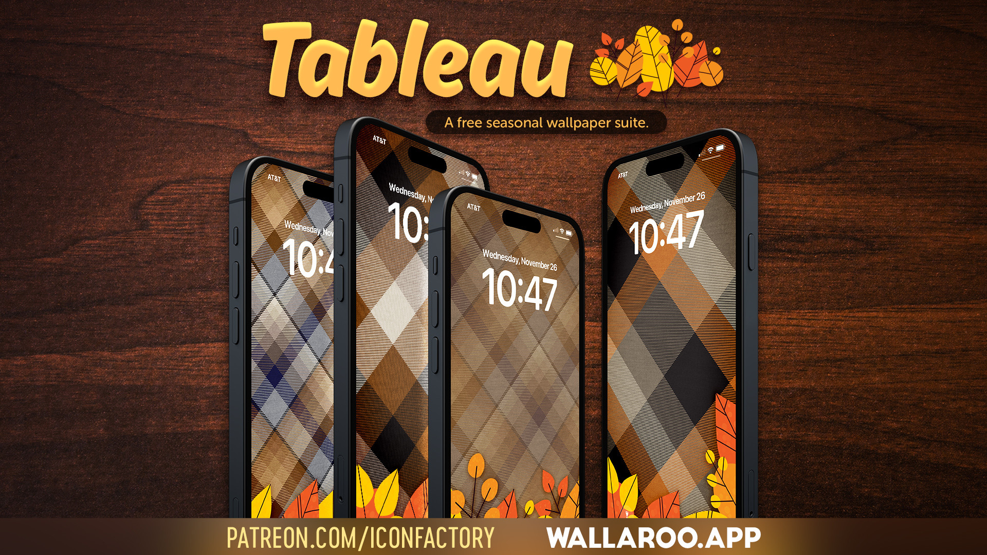 A set of four iPhones each displaying a warm,  plaid textured wallpaper with graphic autumn leaves at the bottom. Tableau - patreon.com/iconfactory • Wallaroo.app