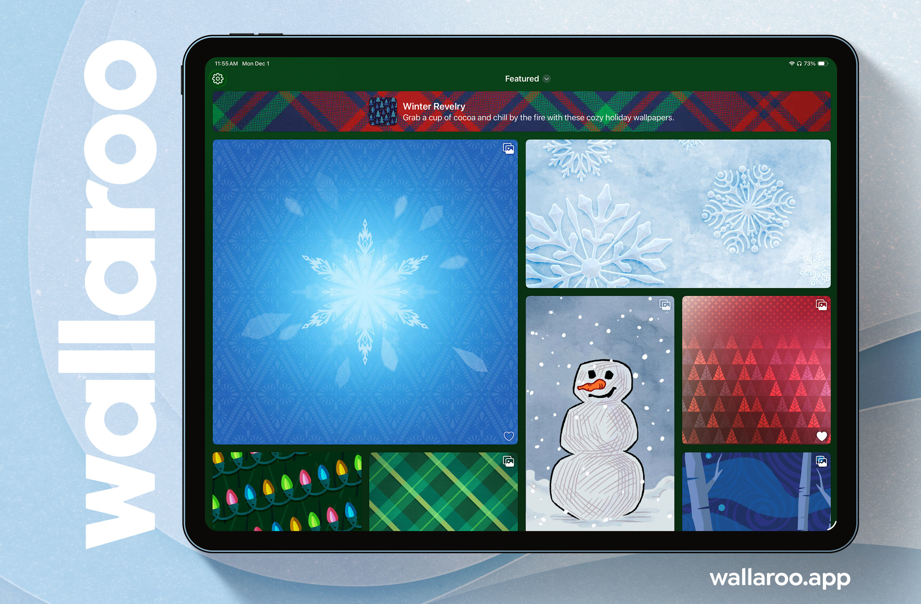 Screenshot of Wallaroo on the iPad featuring a mosaic of winter and warm holiday wallpapers including snowflakes, wrapping paper, holiday lights and more. Wallaroo.app