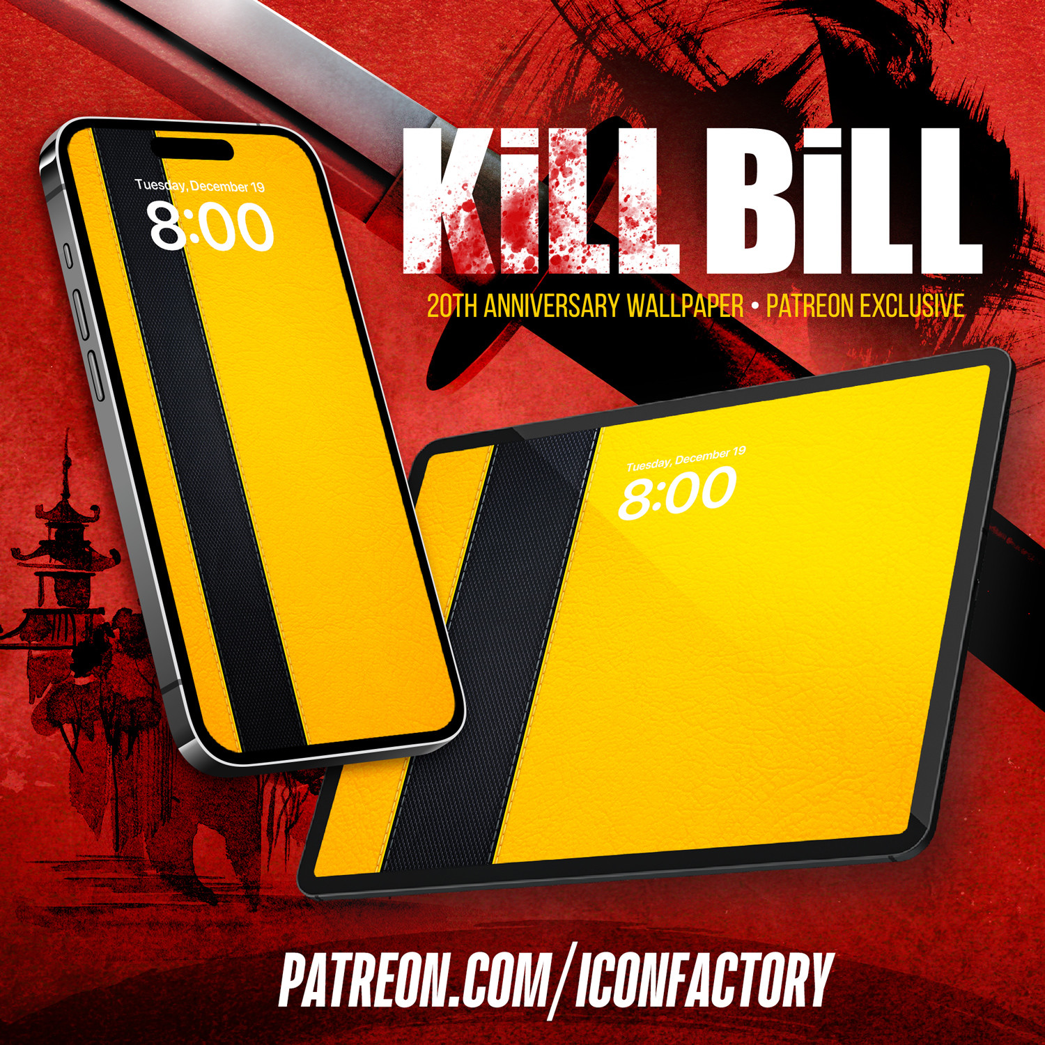 An iPhone, and an iPad, sporting the iconic, bright, yellow, leather and black, racing stripe of the brides outfit from kill Bill.