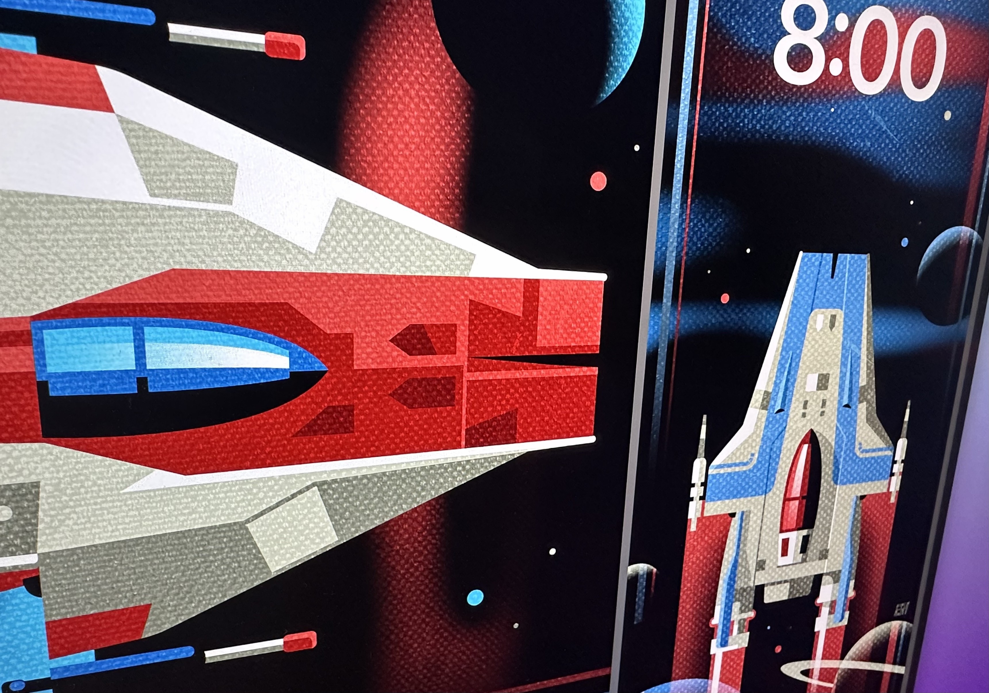 Retro future style wallpaper graphics of an A-Wing starfighter from Star Wars.