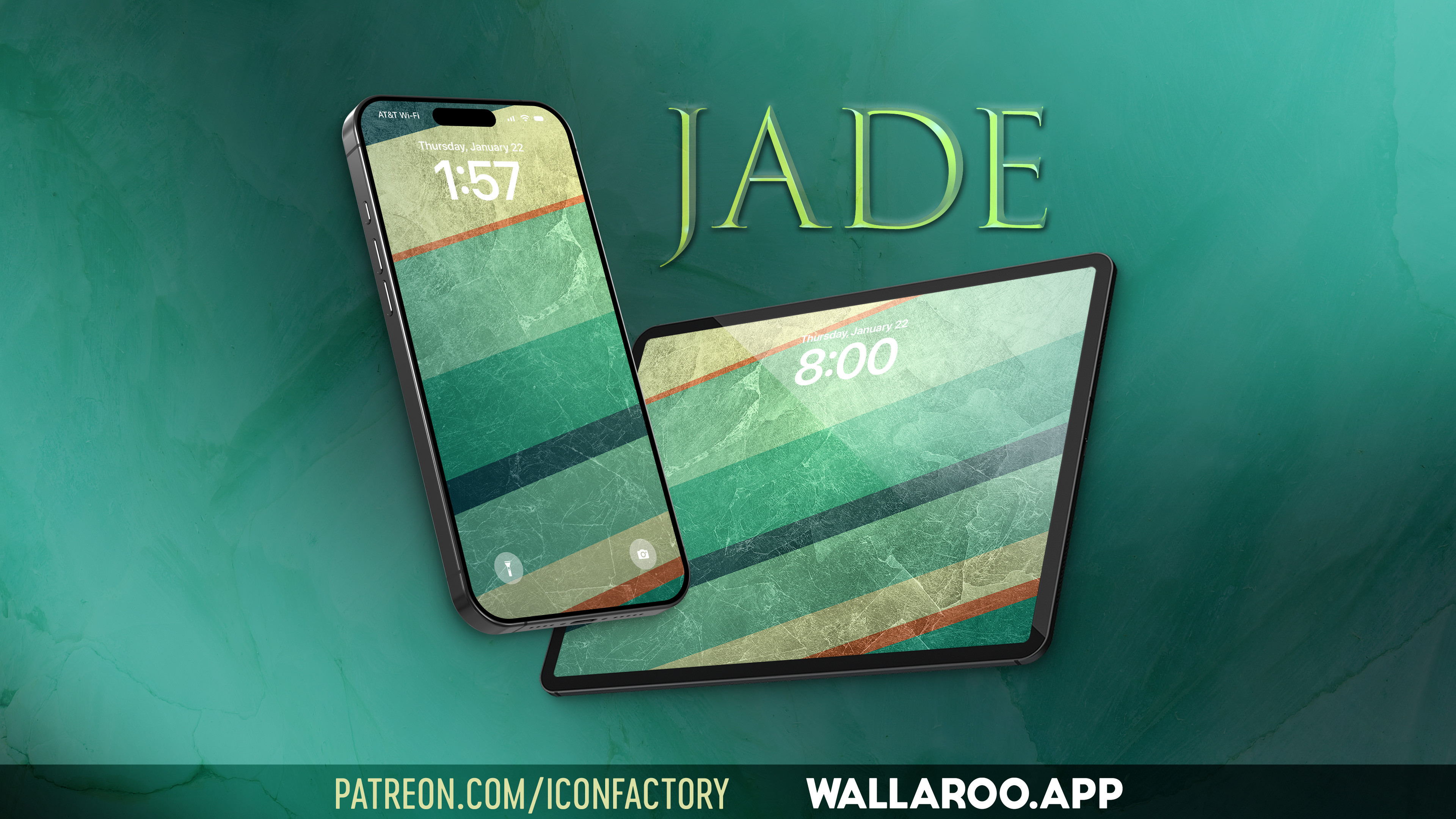 An iPhone and iPad whose lock screens display diagonal stripes in shades of green, yellow and orange set in a stone, granite texture. Text reads - Jade • Patreon.com/iconfactory • Wallaroo.app