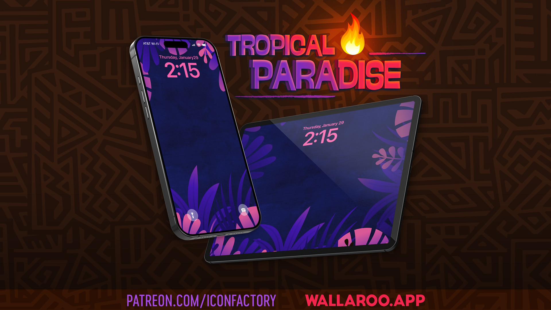 Digital wallpapers on an iPhone and iPad showing pink and purple tropical leaves. Text reads "Tropical Paradise - patreon.com/iconfactory - wallaroo.app