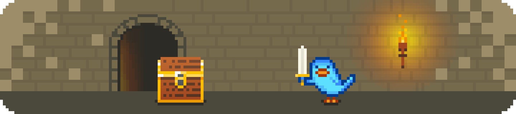 Dungeon scene that includes a concrete block wall with torch, treasure chest, and Ollie holding a sword.