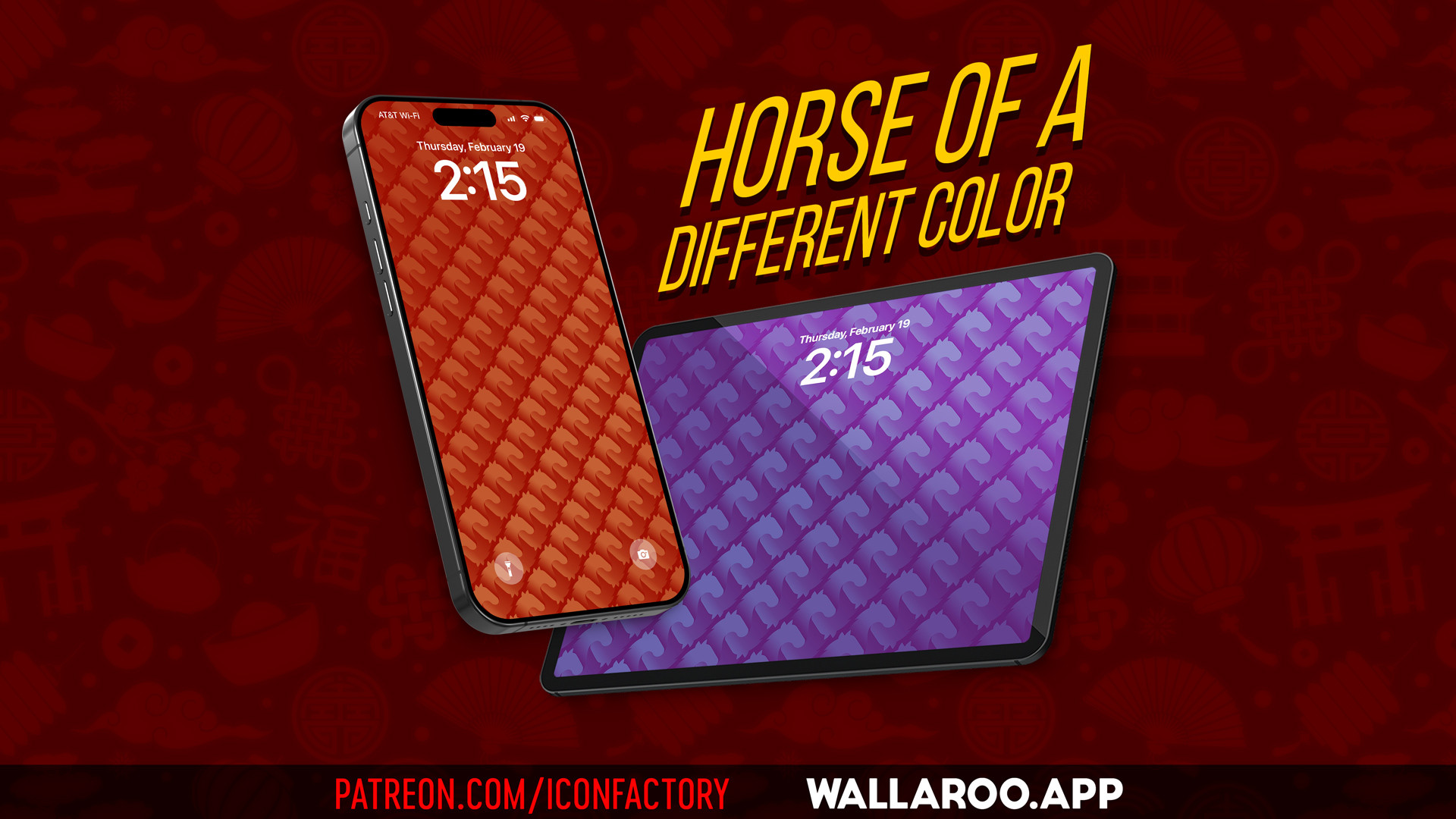 An iPhone and iPad with their lock screens showing a red and purple repeating pattern of an abstract, asian-inspired horse head motif. Text reads - Horse of a Difference Color - Patreon.com/iconfactory • wallaroo.app