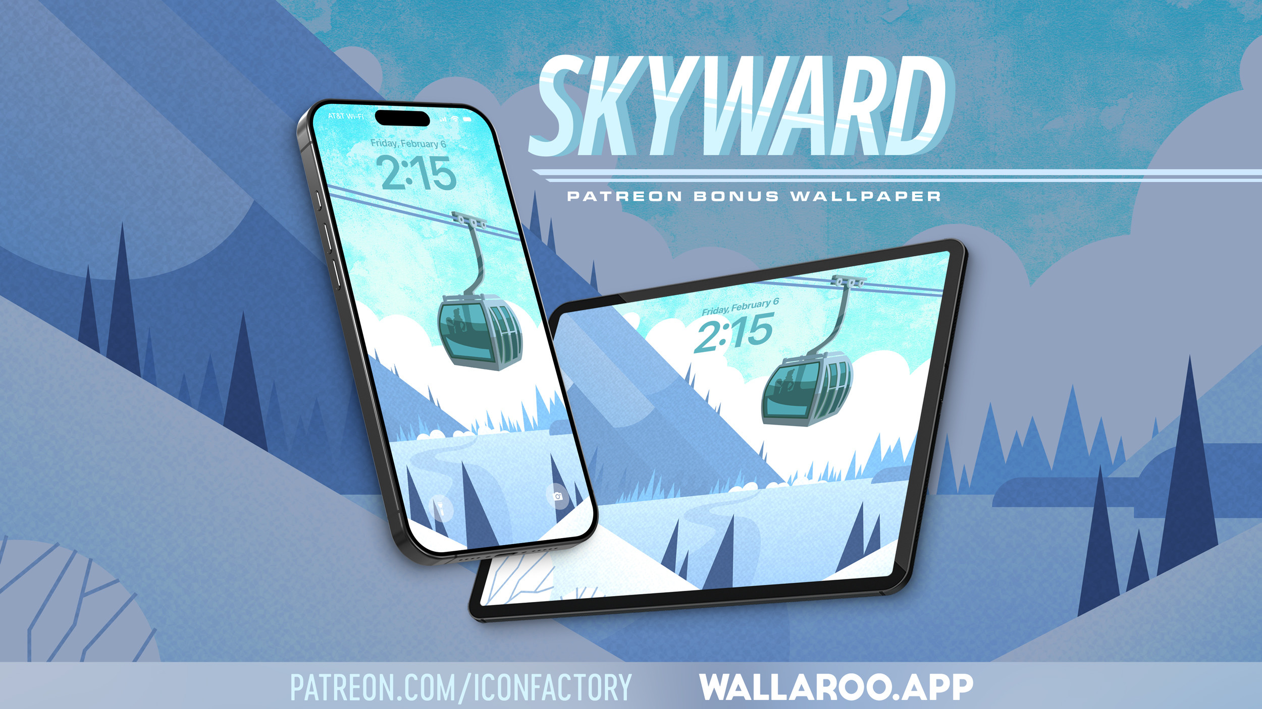 An iPhone and iPad Lock Screen displaying a graphic illustrated wallpaper of a tramway car carrying a snowboarder up over snow-covered mountains. Patreon.com/iconfactory • Wallaroo.app