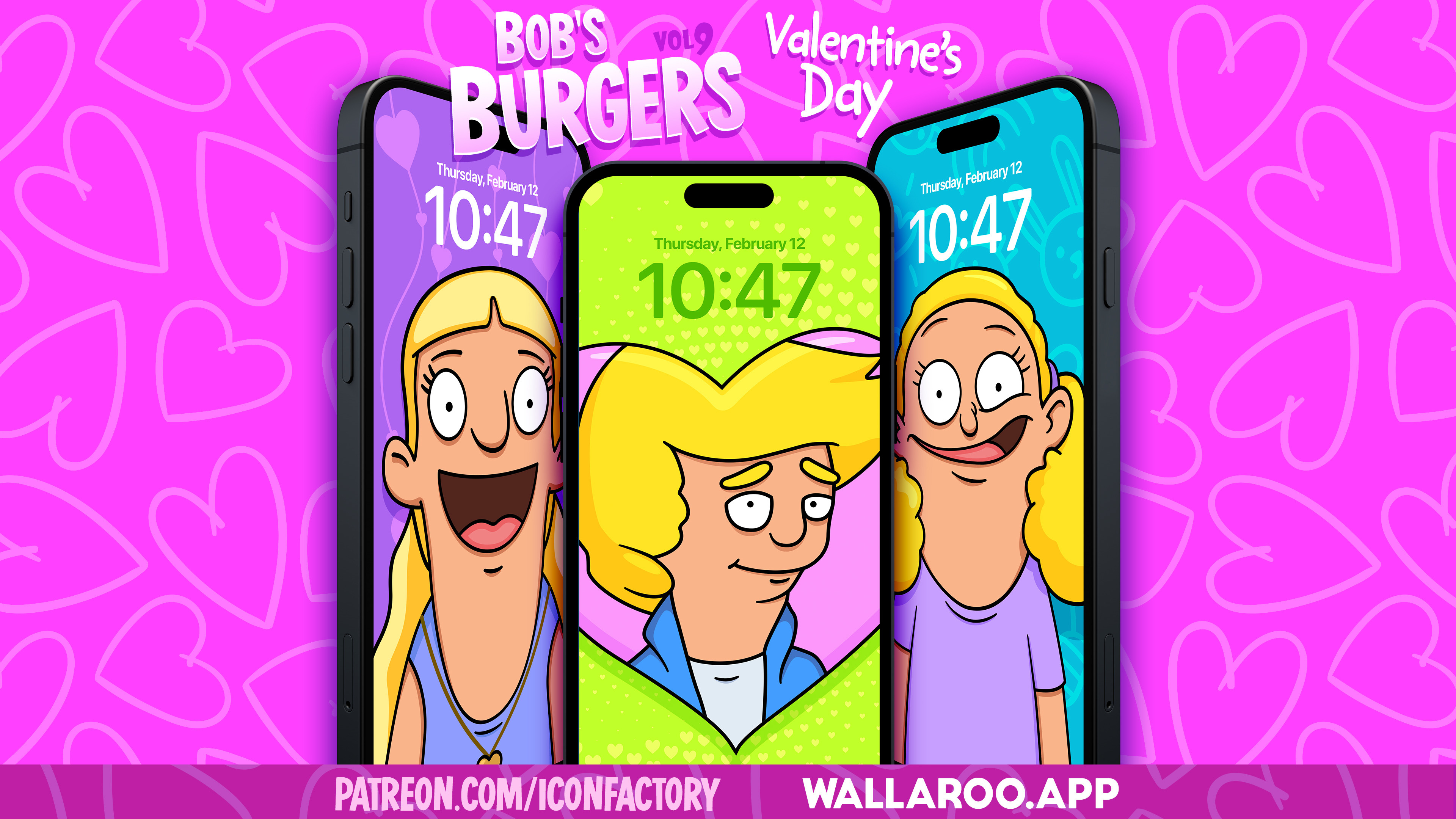 iPhone Lock Screen wallpapers featuring Courtney, Millie and Boo Boo from Bob's Burgers each with a lightly colored, Valentine's Day themed background. Patreon.com/iconfactory • Wallaroo.app