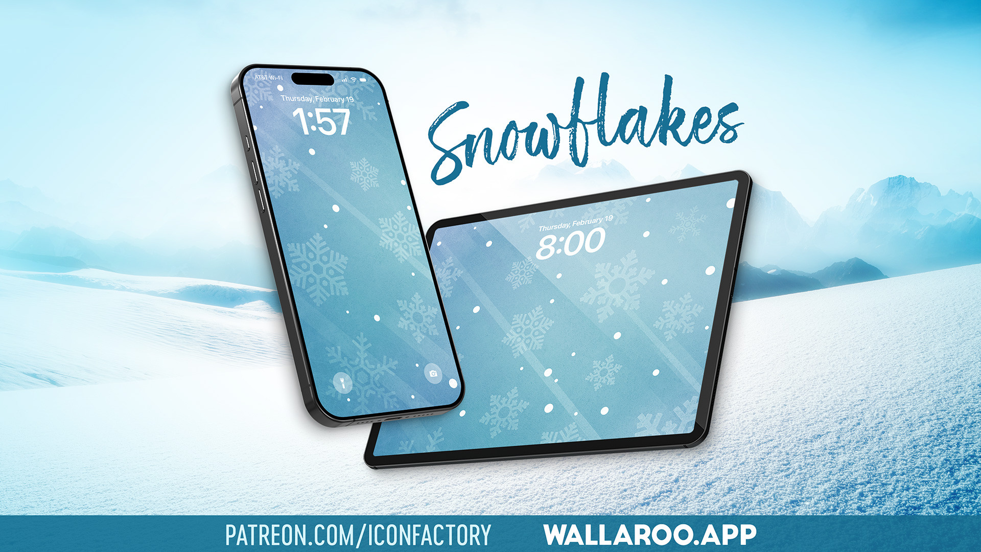 iPhone and iPad with a blue Lock Screen wallpaper displaying geometric snowflakes falling across the screen. patreon.com/iconfactory • Wallaroo.app
