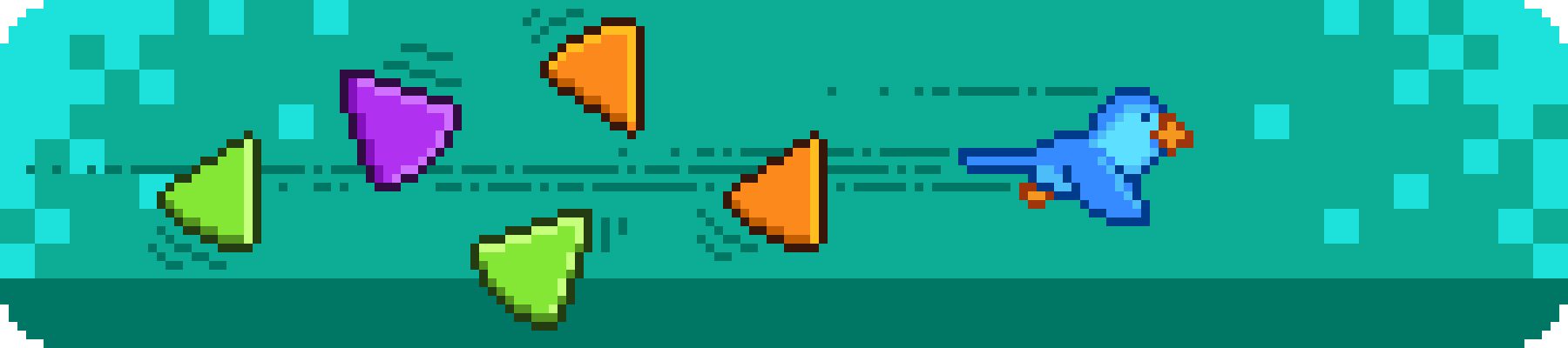 Pixel style graphic of Ollie flying through some colorful Frenzic chips as he zooms by.