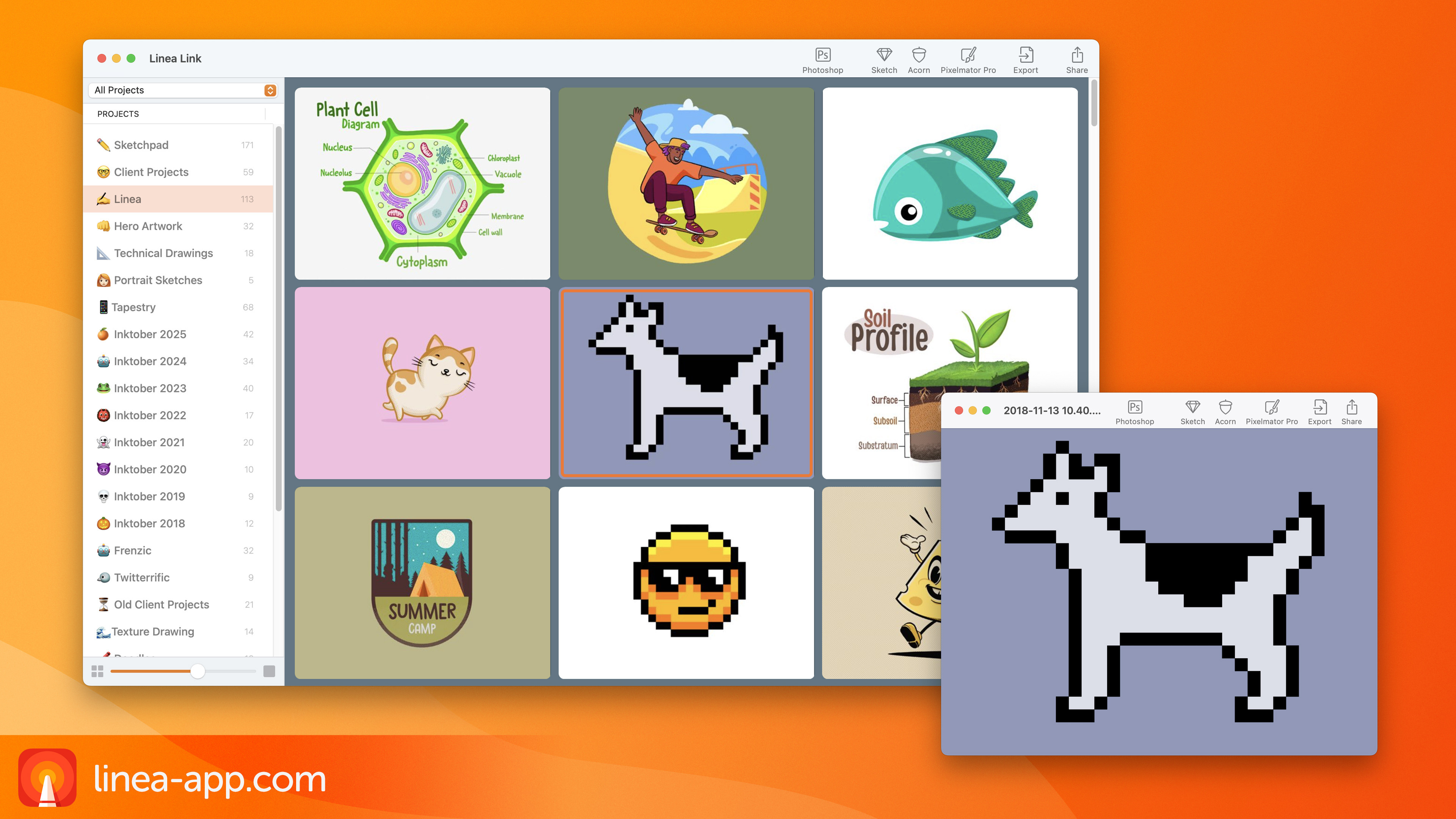 Screenshot of Linea Link on the Mac desktop showing several pieces of artwork including a pixel-clicked version of the Clarus the Dogcow. • Linea-app.com