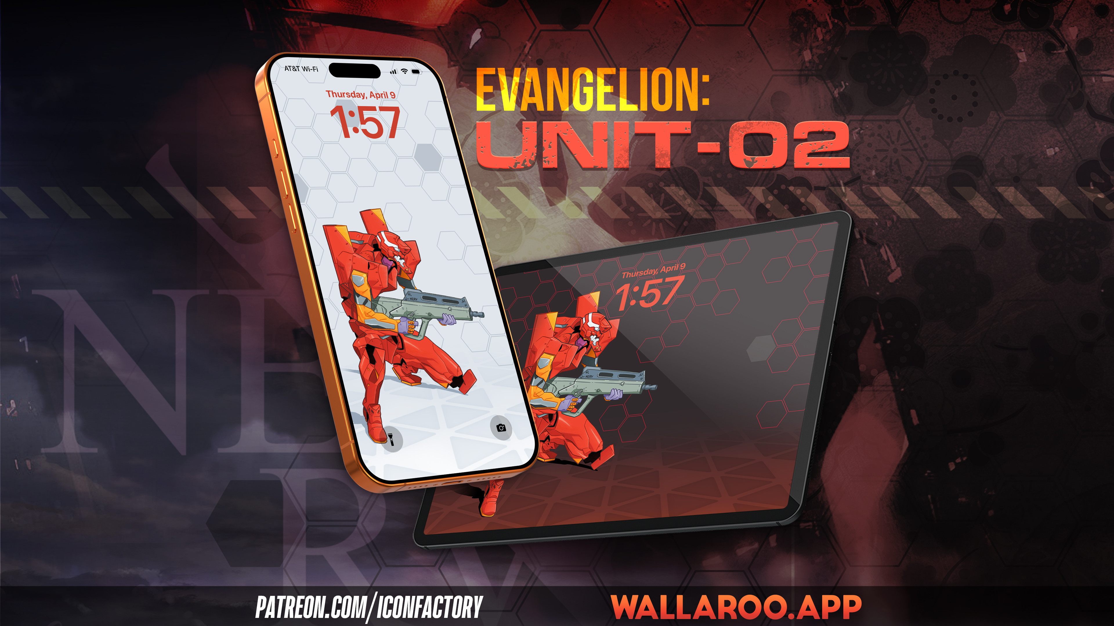 The bio-mech robot Unit-02 from Neon Genesis Evangelion crouches holding its weapon, ready for battle. Text reads: Evangelion: Unit-02 • Patreon.com/iconfactory • Wallaroo.app