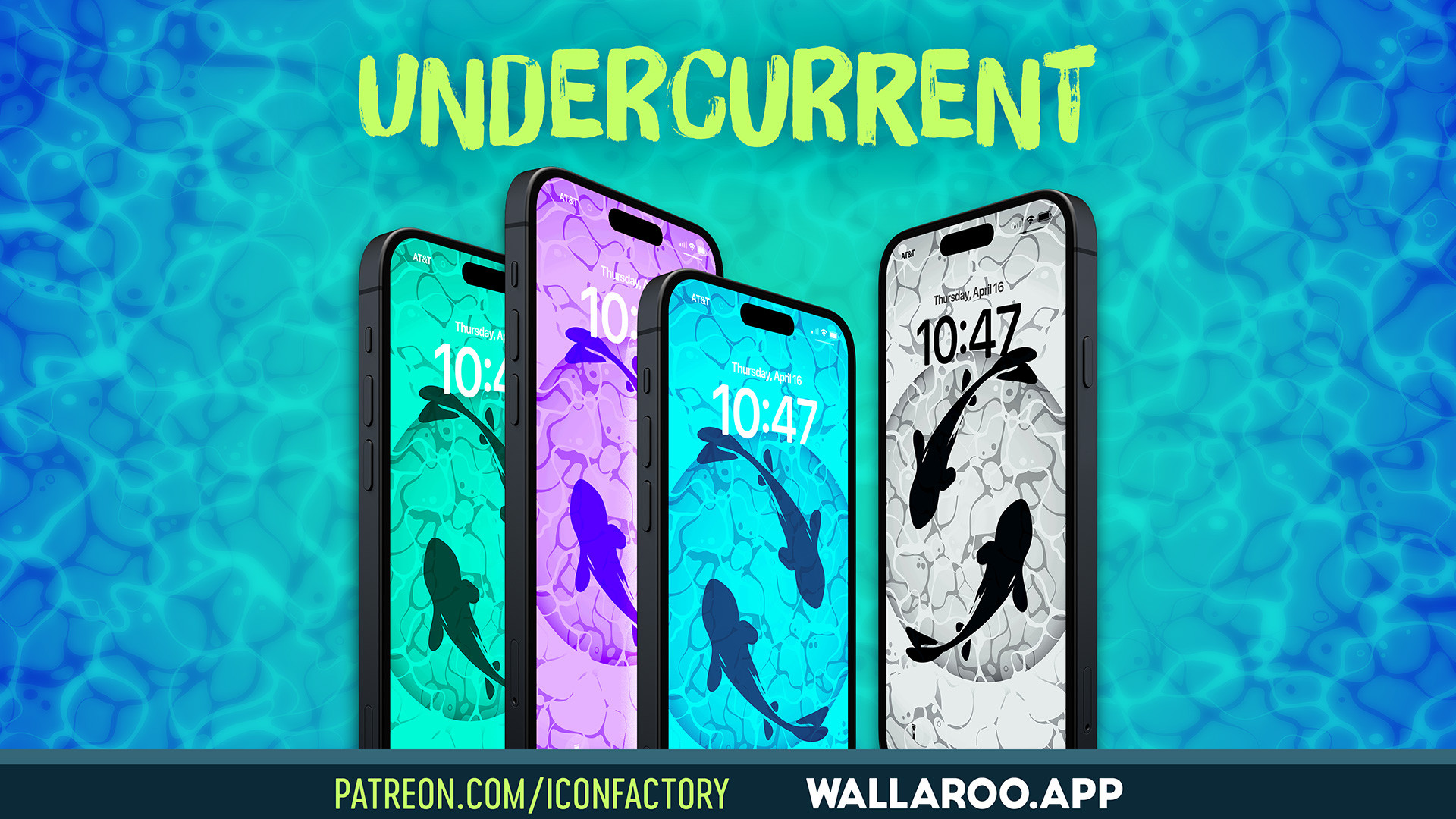 Four smartphones display koi fish-themed wallpaper in four colors against a vibrant aquatic background, with text promoting UNDERCURRENT • Patreon.com/iconfactory • Wallaroo.app