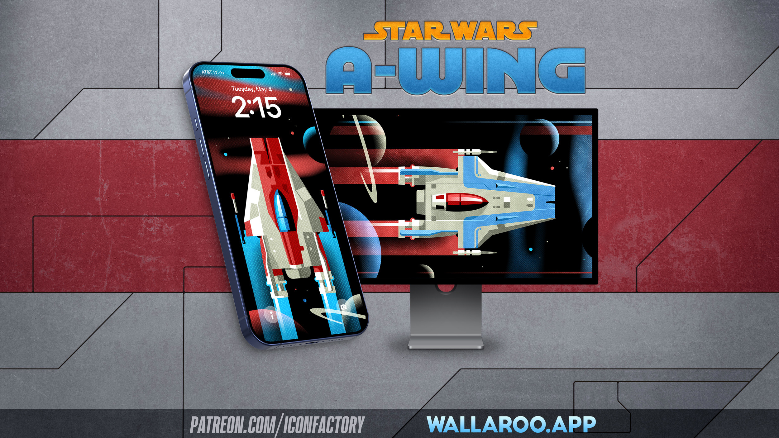 A graphic illustrated wallpaper of the A-Wing starfighter from Start Wars speeding in space with blue trails and planets behind it. Text reads patreon.com/iconfactory • Wallaroo.app