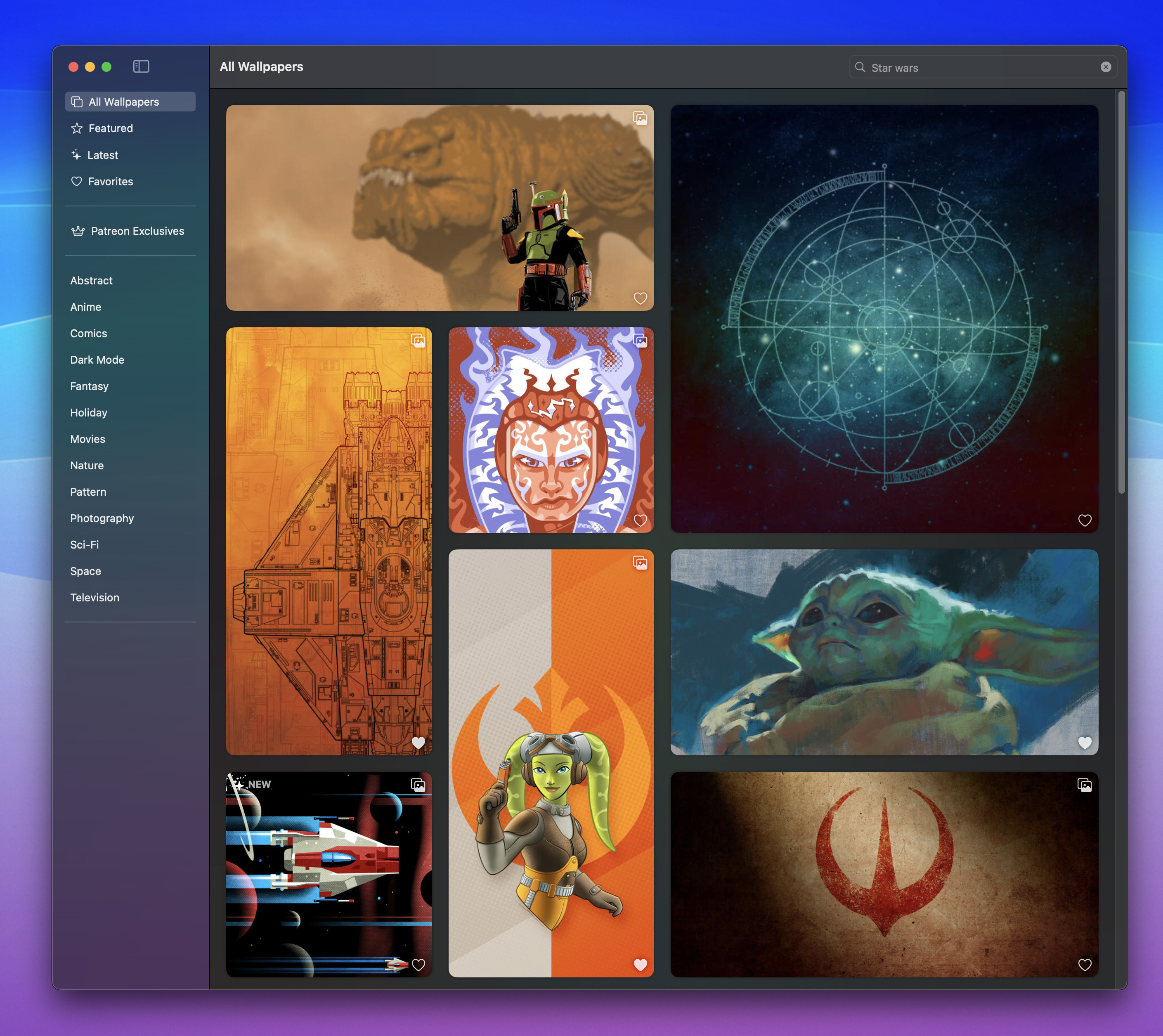 Screenshot from Wallaroo for macOS showing various Star Wars related wallpapers including Boba Fett, Ahsoka Tano and Grogu from The Mandalorian.